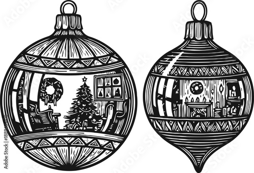 Black and white vintage christmas ornaments with cozy holiday room interior illustrations