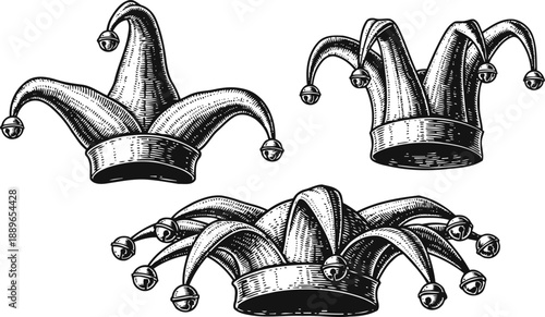 Vintage jester hats with bells in black and white illustrations, medieval carnival costume accessories