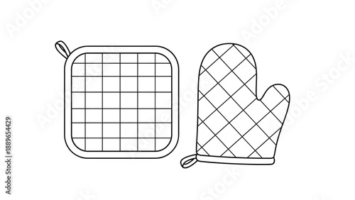Kitchen safety set featuring a quilted potholder and an oven mitt illustrated in black and white line art for cooking and baking themes.