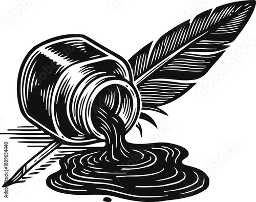 Ink bottle spilling ink with quill feather pen, vintage writing and calligraphy tools illustration