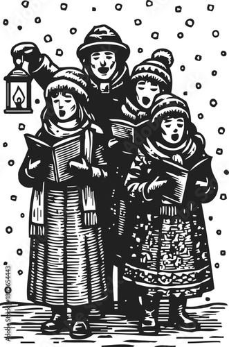 Four carolers singing in winter clothes with lantern and songbooks in falling snow scene