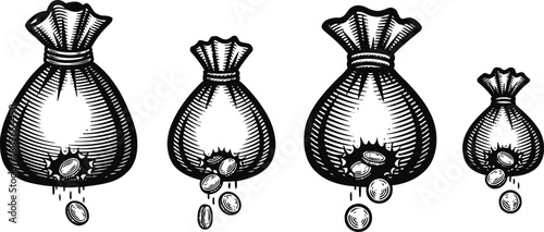 Vintage money bags spilling coins in different sizes retro engraving illustration of coin pouches