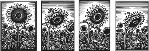 black and white sunflower illustrations in different growth stages with line art background