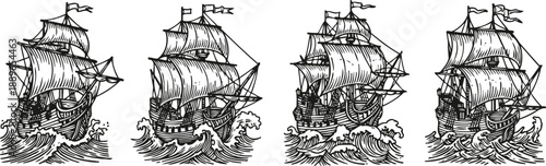 vintage sailing ship illustrations classic tall ships with sails and flags on ocean waves nautical marine vessels, historic exploration and adventure theme