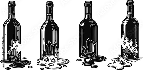 Set of four broken wine bottle illustrations with spilled liquid and shattered glass pieces