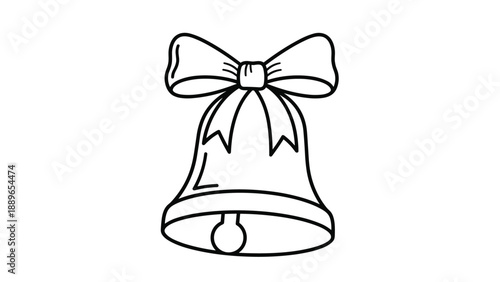 Classic decorative bell topped with a large ribbon bow, rendered in black and white line art suitable for holiday and festive designs.