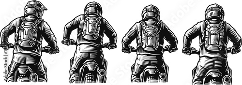 Four mountain bikers riding downhill with backpacks, detailed black and white vector engraving illustration