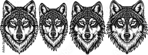 detailed black and white wolf heads set fierce wild animal portraits with sharp eyes and fur texture vector illustration