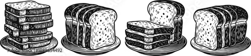 Slices of whole wheat bread neatly stacked and arranged in various positions with texture details
