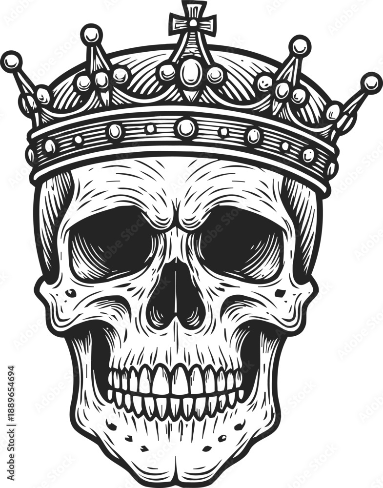 Fototapeta premium Detailed skull with a royal crown black and white gothic design vintage tattoo and biker illustration