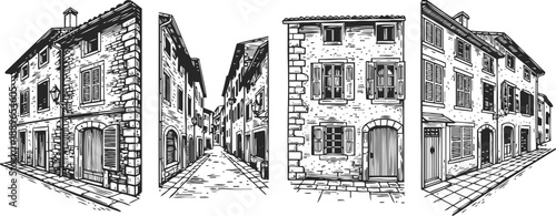 Black and white hand drawn old european street views vintage architecture and stone buildings with shutters and cobblestone road sketches