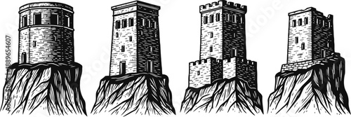 Four vintage stone watchtowers atop rocky cliffs with distinct architectural styles in black and white