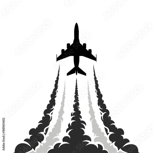 Jet airplane silhouette ascending with dark smoke trails, abstract aviation graphic