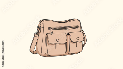 Fashionable tan shoulder bag featuring multiple zippered pockets and adjustable straps, presented as a clean product illustration.