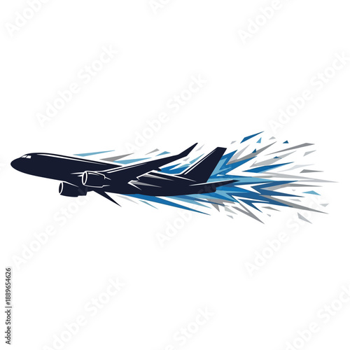 Silhouette of a dark blue airplane soaring through a stylized blue and grey abstract explosion.
