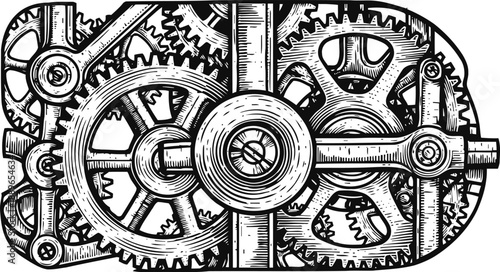 Intricate mechanical gears and cogs detailed vintage engraving illustration