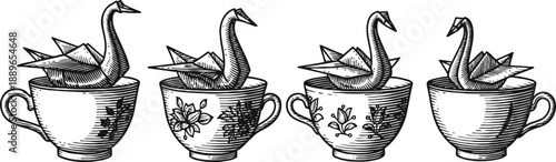 Vintage black and white illustration of swan paper boats floating in decorative teacups
