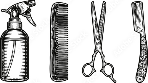 Hairdressing tools set with spray bottle, comb, scissors, and straight razor in vintage engraving