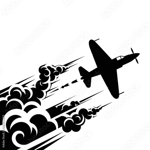 Silhouette of a vintage fighter plane soaring through clouds with smoke trails