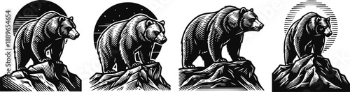 bear standing on rock detailed line art set wild animal silhouette with mountains and moon background