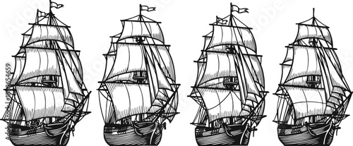 Set of four vintage sailing ships with full sails on the sea in black and white sketch