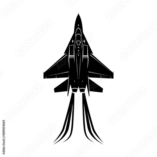 Top view silhouette of a modern fighter jet aircraft with exhaust flames