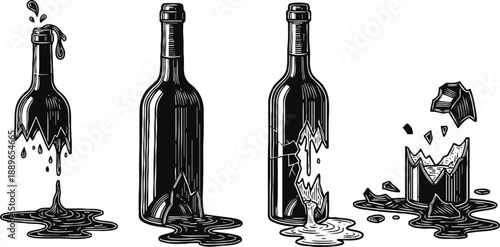 Illustration of broken wine bottles with spilled liquid in black and white line art