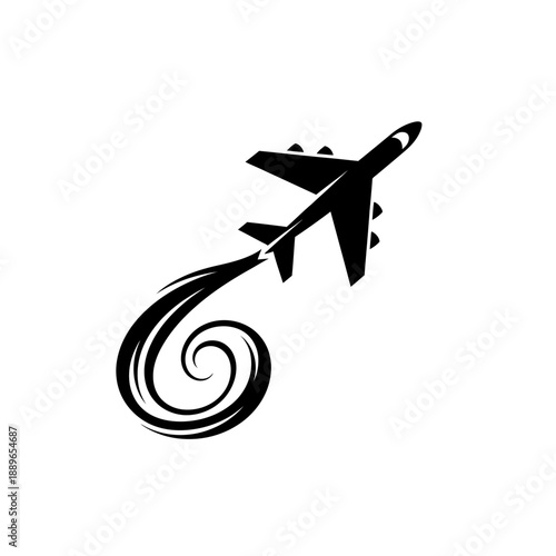 Silhouette of a jet airplane leaving a stylized smoke trail in a spiral shape