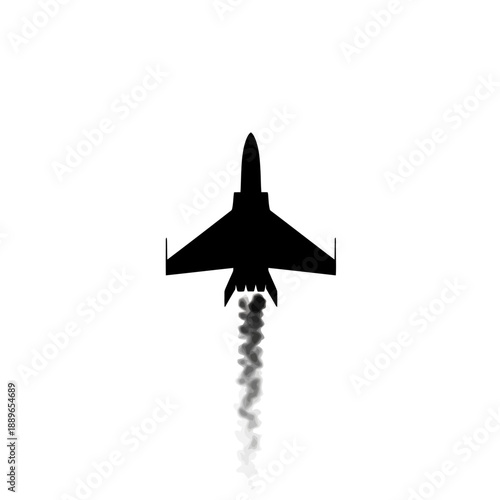 Silhouette of a fighter jet ascending with smoke trail against white background