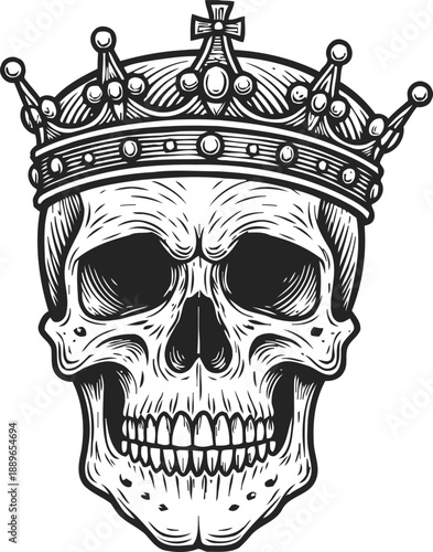 Detailed skull with a royal crown black and white gothic design vintage tattoo and biker illustration