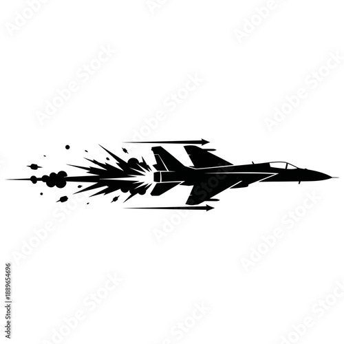 Silhouette of a jet fighter plane with exhaust trails and speed lines, graphic illustration