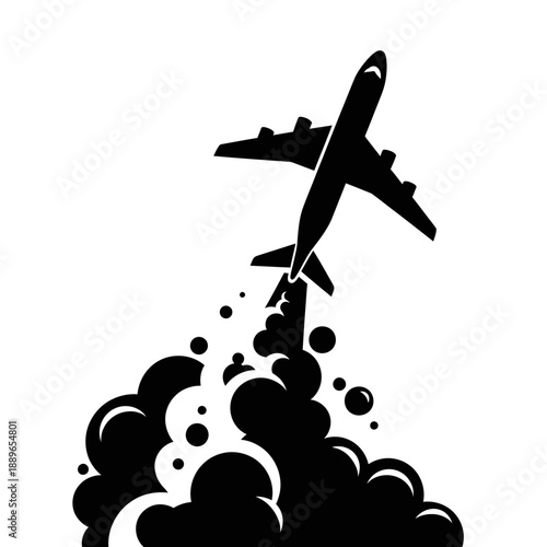 Silhouette of a jet airplane ascending through dark smoke clouds