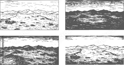 Mountain landscapes in black and white sketch with cloudy skies and rugged terrain