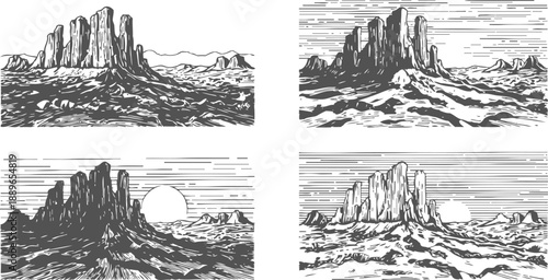 Desert landscape sketches with rocky mesas and distant hills under various sky conditions