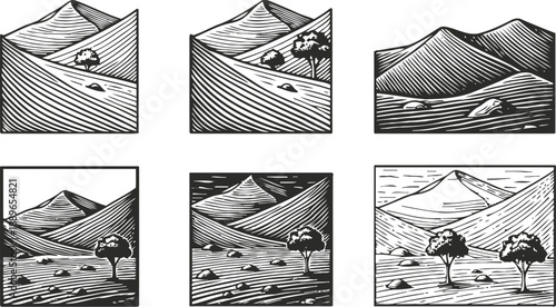 Mountain landscape illustrations with hills, trees, and rocks in black and white
