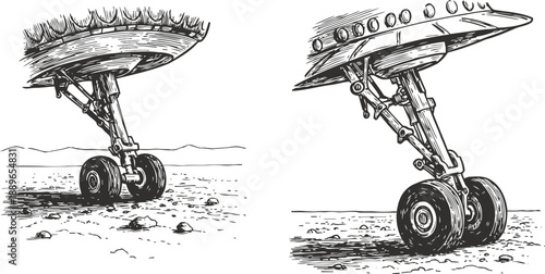 Aircraft landing gear detailed hand drawn illustration showing wheels and suspension system on runway