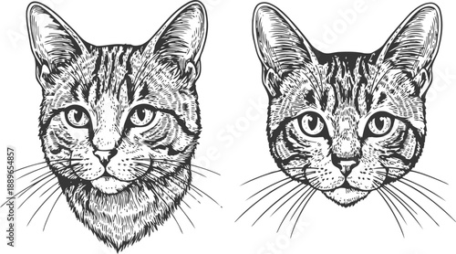 Two detailed hand drawn cat faces with expressive eyes and textured fur illustration