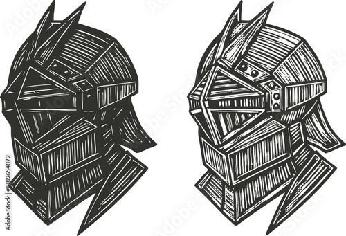 Medieval knight helmets set vintage hand drawn warrior armor head protection historical battle gear illustration