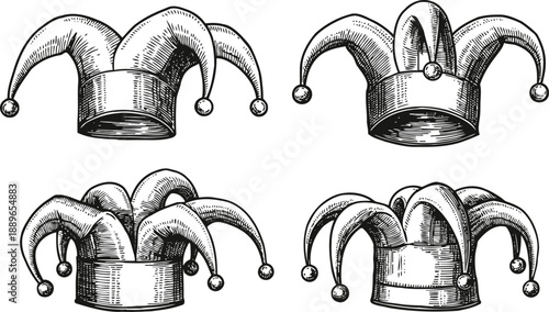 Set of four vintage jester hats with bells hand drawn carnival and medieval fool headwear collection
