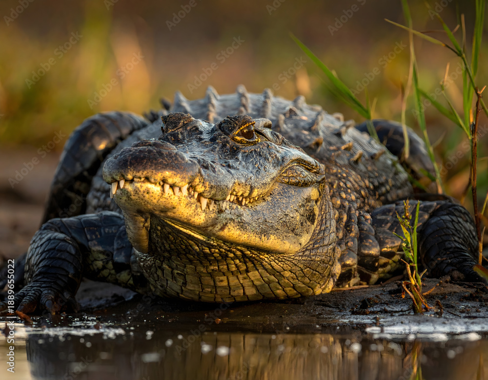 Fototapeta premium A dangerous green alligator predator with sharp teeth and a wild eye lurks in the tropical Florida Everglades swamp water as a closeup reptile wildlife animal