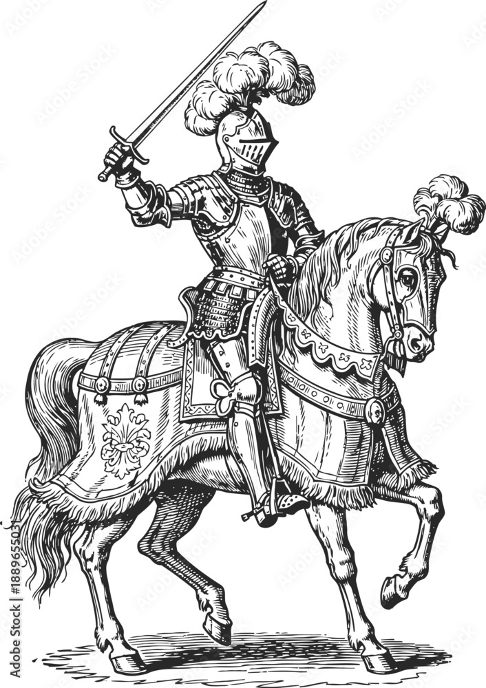 Fototapeta premium Medieval knight in full armor riding a horse with plume adorned helmet and raised sword