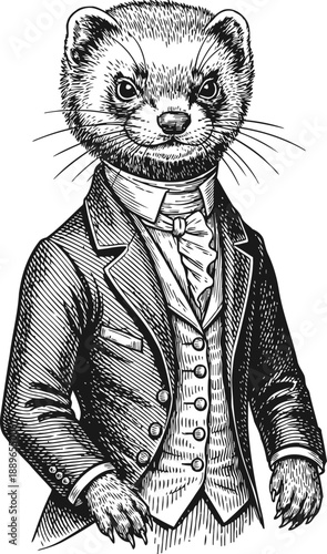 elegant ferret dressed in vintage suit and cravat, detailed black and white illustration