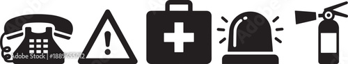 Black Emergency Symbols – Warning, Medical Kit, Siren, Extinguisher, Phone