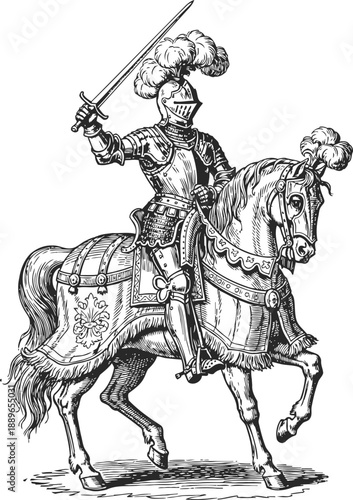 Medieval knight in full armor riding a horse with plume adorned helmet and raised sword