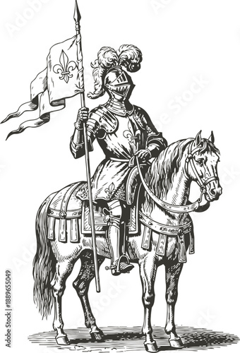 Medieval knight in full armor holding flag on horse with decorative harness and plume