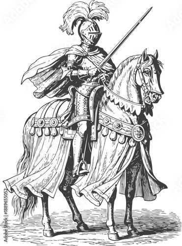 Medieval knight in full armor mounted on a horse with lance and feathered helmet plume