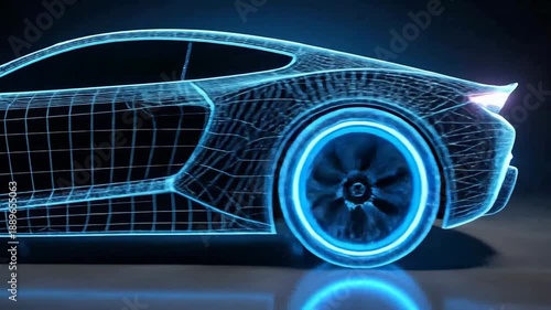 Futuristic sports car design with glowing blue wireframe on a reflective surface.