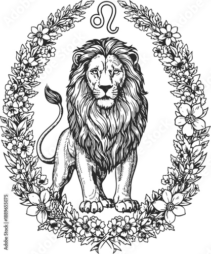 Majestic lion standing within a floral wreath with leo zodiac symbol above