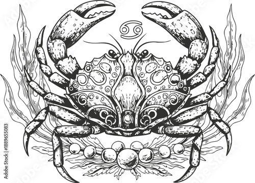 Intricate crab illustration with cancer zodiac symbol and ocean plants detailed in black and white