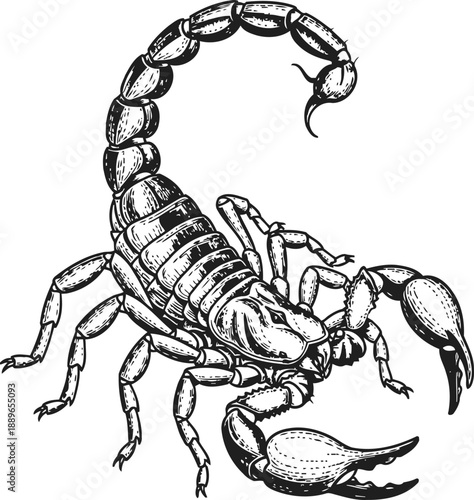Detailed black and white illustration of a scorpion with raised tail and pincers